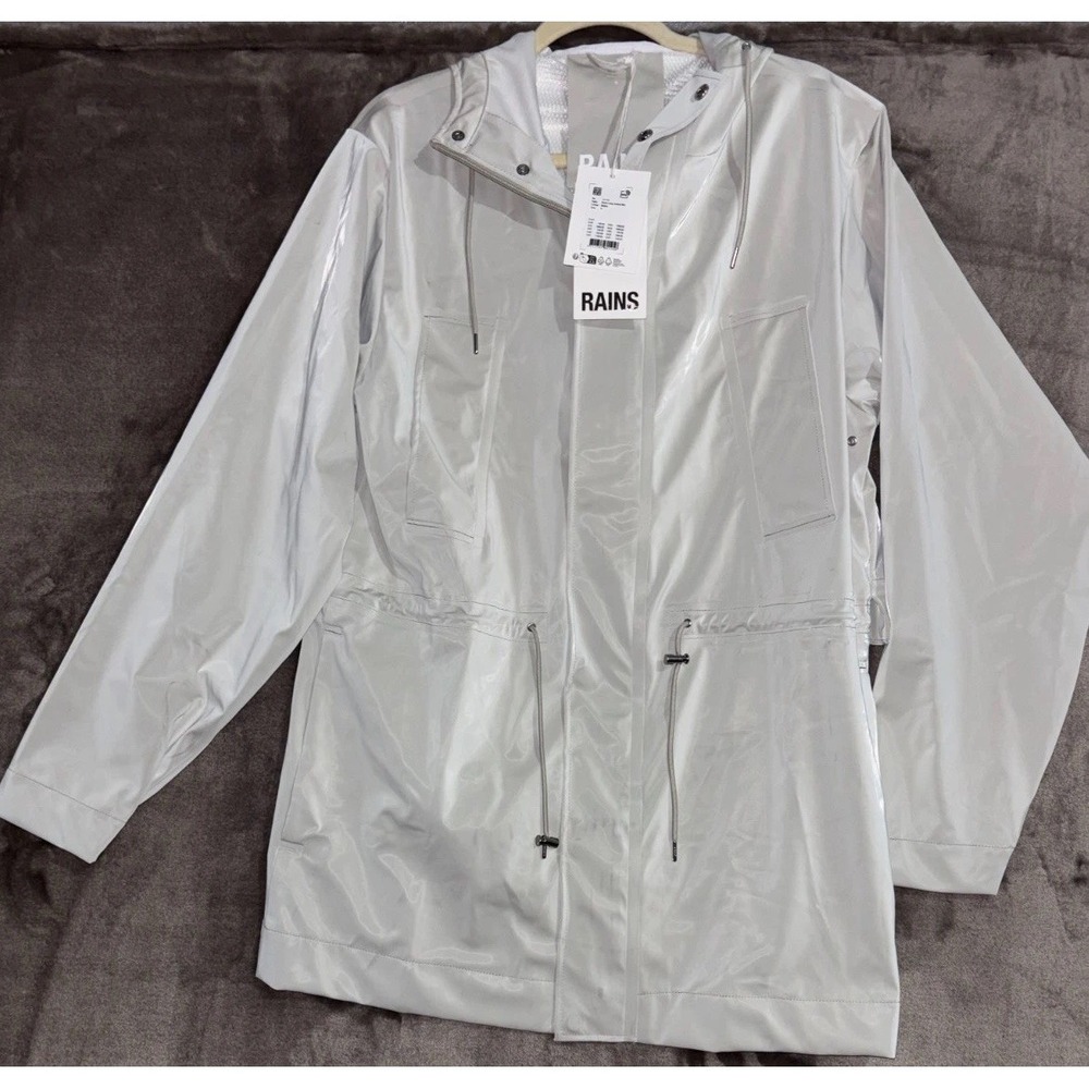 Rains Bold Long Jacket W3 Womens S Matrix Silver Hooded‎ Reflective Waterproof